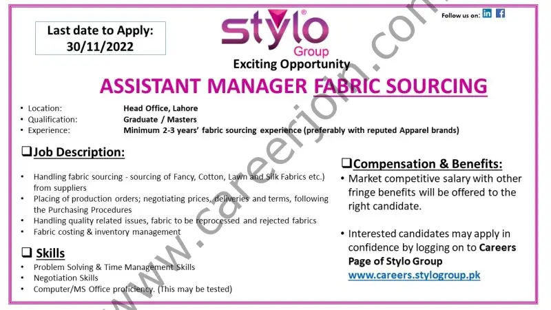 Stylo Pvt Ltd Jobs Assistant Manager Fabric Sourcing 1