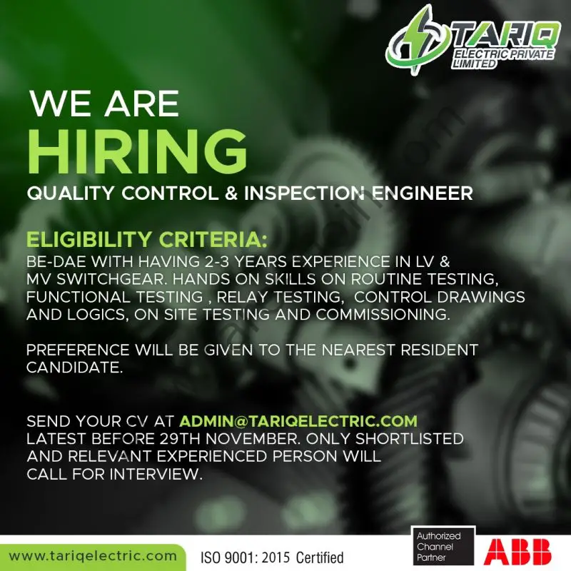 Tariq Electric Pvt Ltd Jobs Quality Control & Inspection Engineer 1