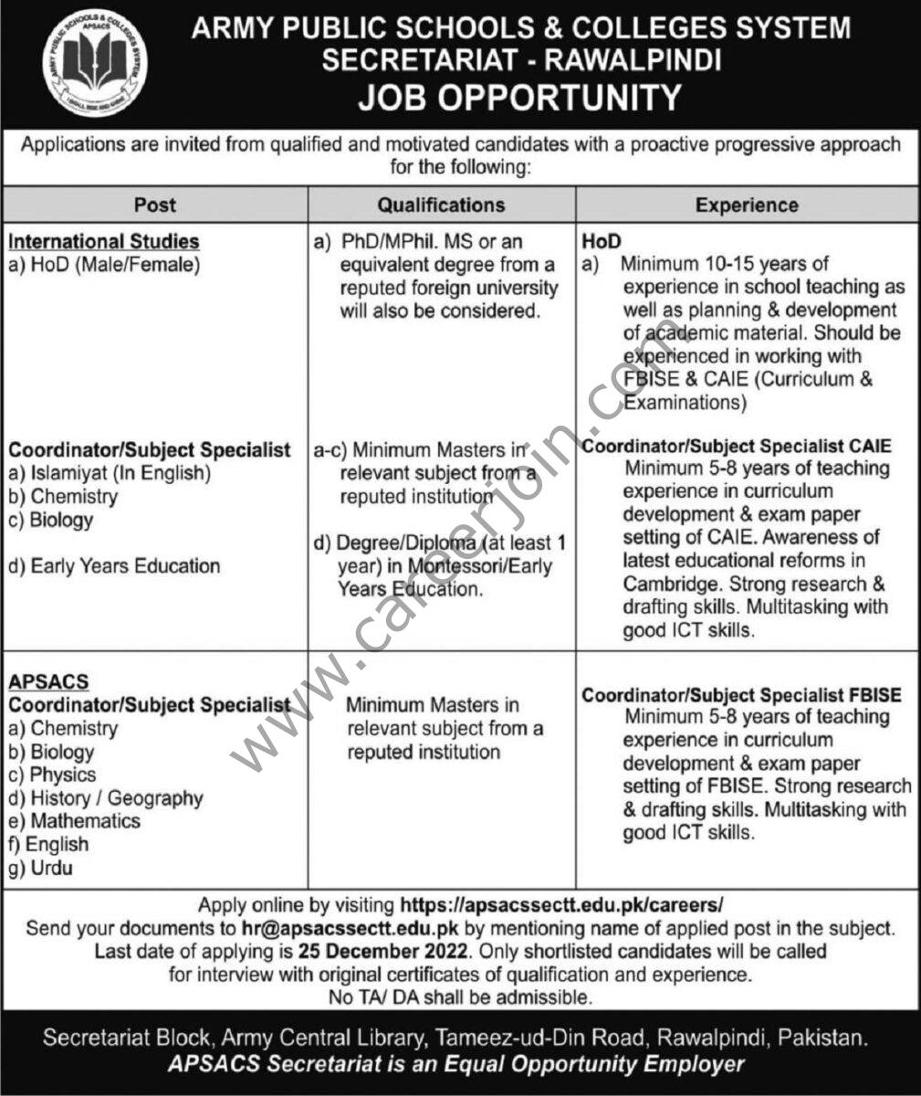 Army Public Schools & Colleges System Jobs 17 December 2022 Express