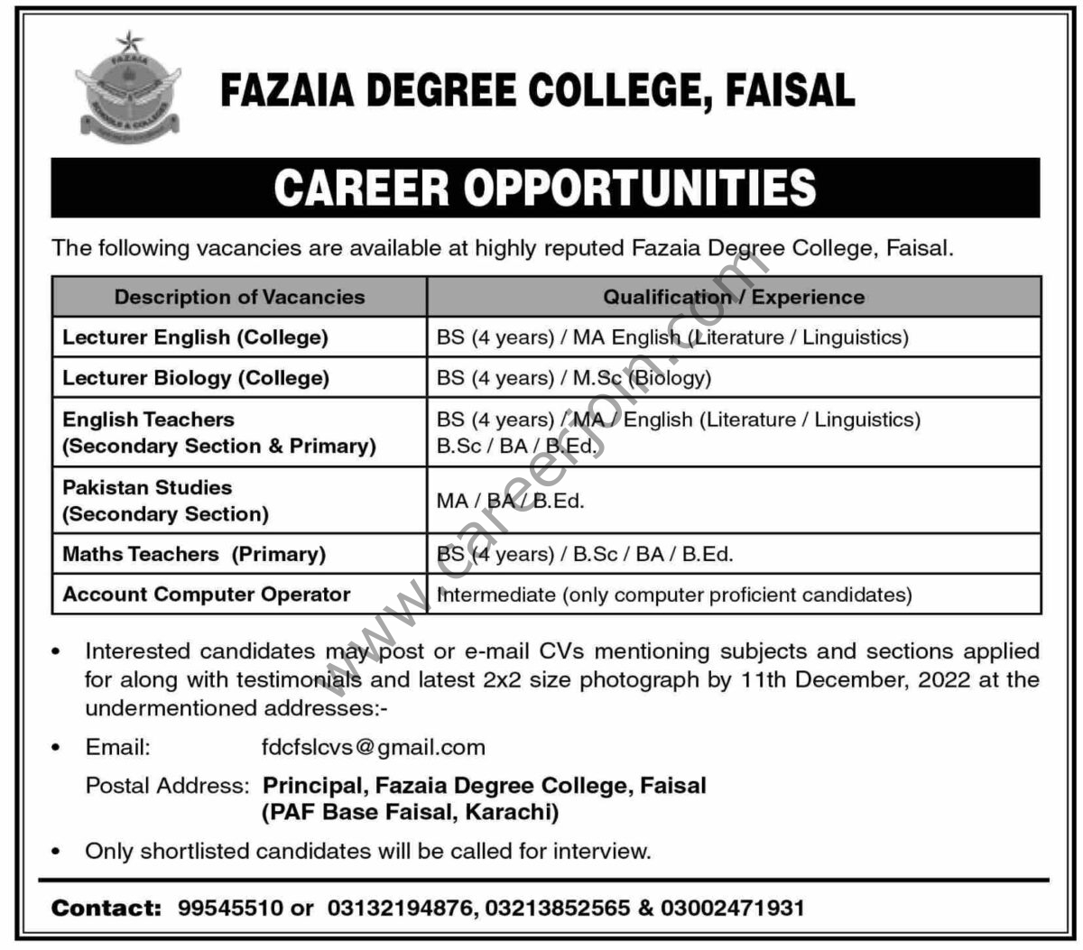 Fazaia Degree College Faisal Jobs December 2022 1