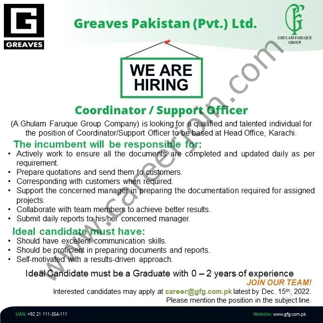 Greaves Pakistan Pvt Ltd Jobs Coordinator Support Officer 1