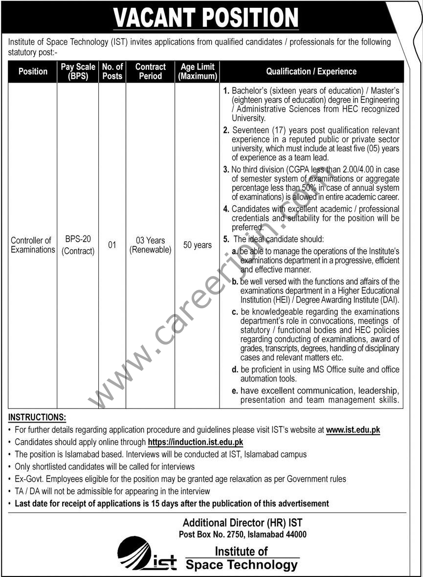 Institute Of Space Technology IST Jobs Controller of Examinations 1