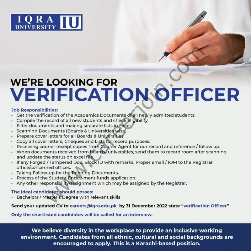 Iqra University IU Jobs Verification Officer 1