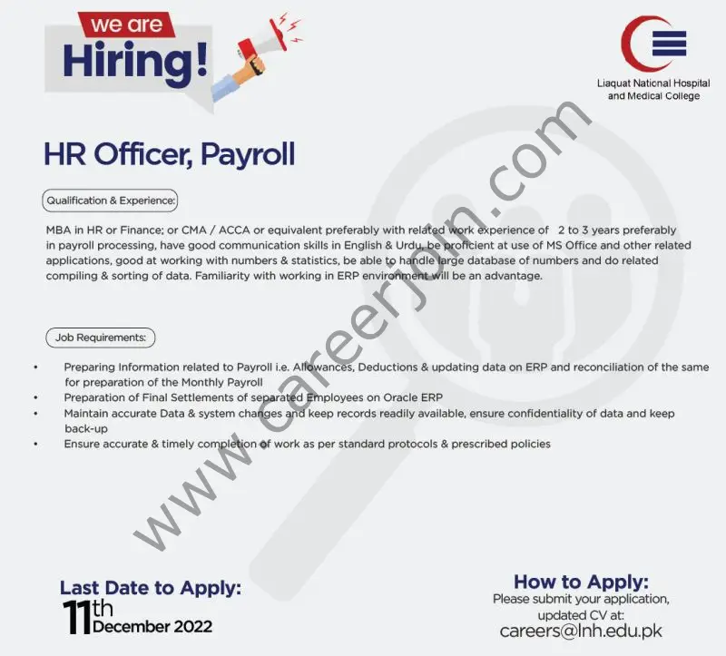 Liaquat National Hospital & Medical College Jobs HR Officer Payroll  1