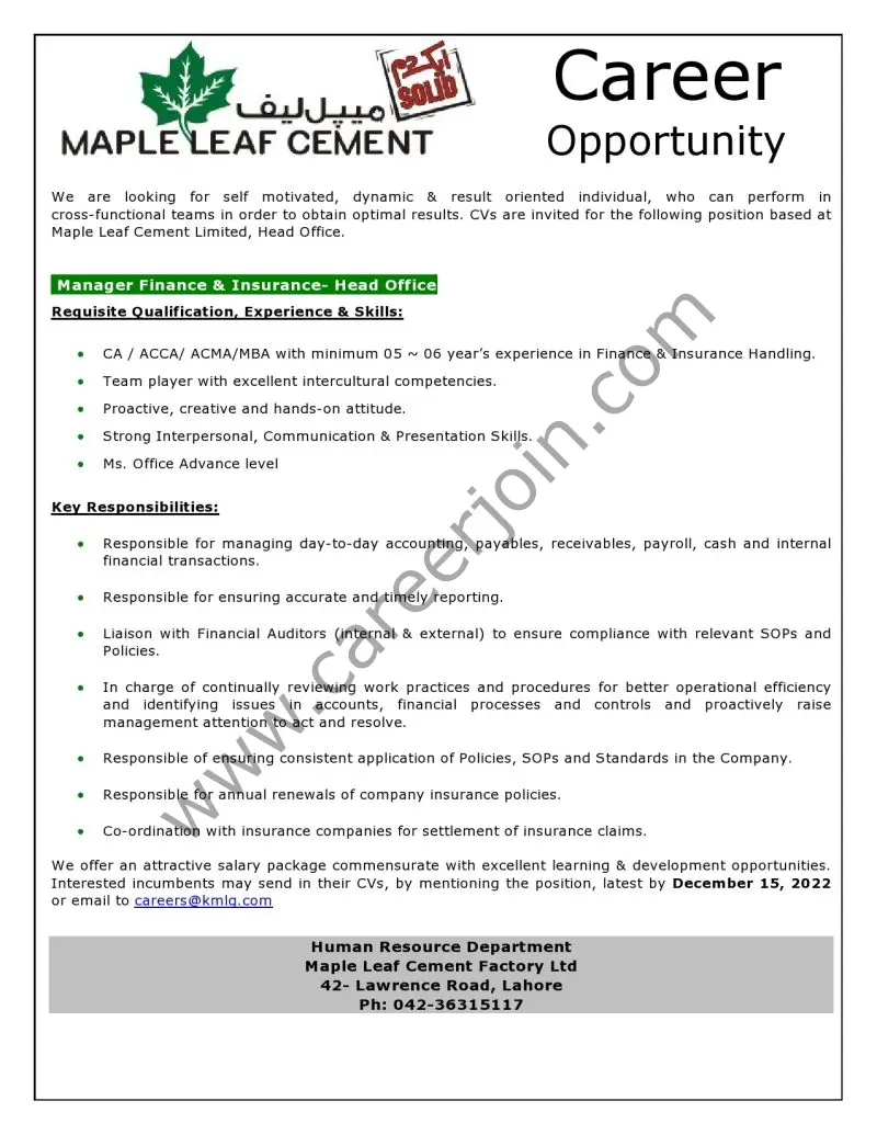 Maple Leaf Cement Factory Limited Jobs Manager Finance & Insurance 1