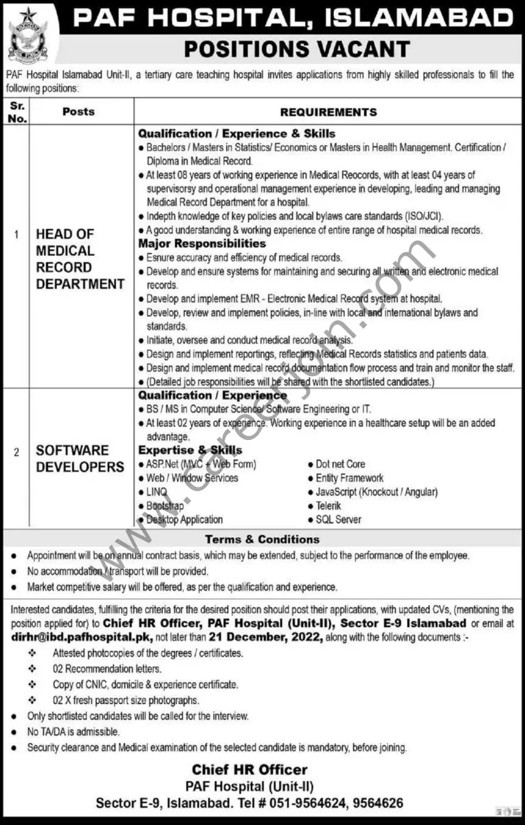 PAF Hospital Islamabad Jobs 11 December 2022 Express 01