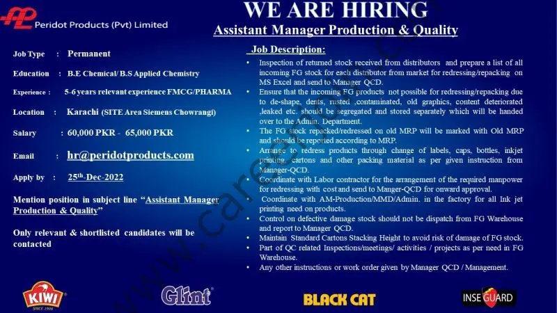 Peridot Products Pvt Ltd Jobs Assistant Manager Production & Quality 1