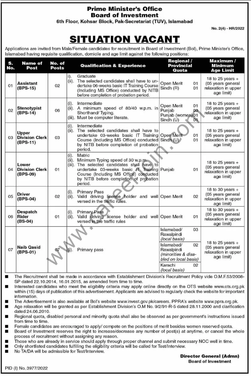 Prime Minister's Office Board of Investment Jobs December 2022 1