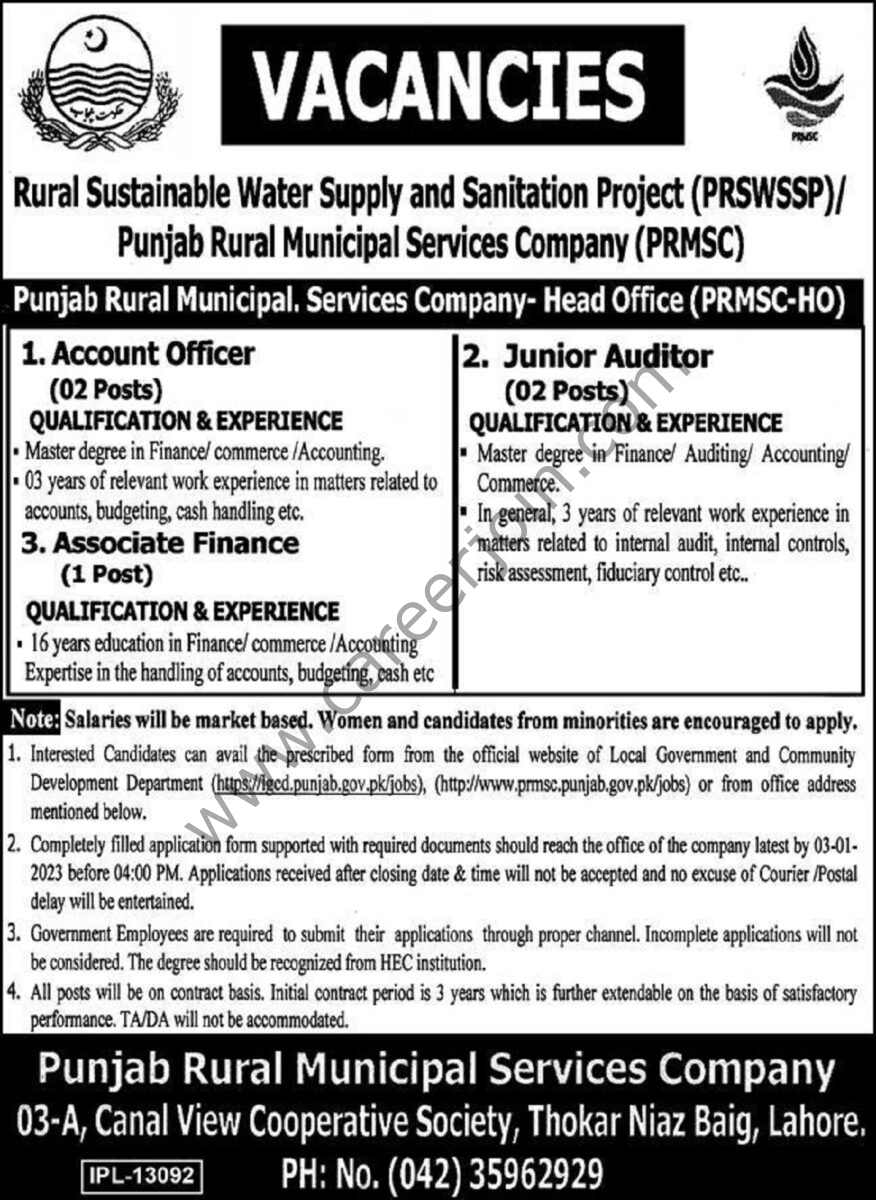 Punjab Rural Municipal Services Co PRMSC Jobs 17 December 2022 Express