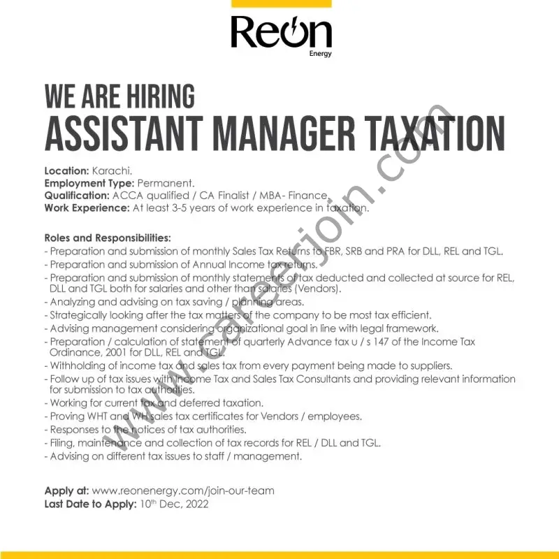 Reon Energy Limited Jobs Assistant Manager Taxation1