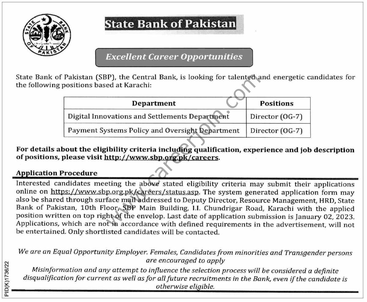 SBP State Bank Of Pakistan Jobs 18 December 2022 Nawaiwaqt 01