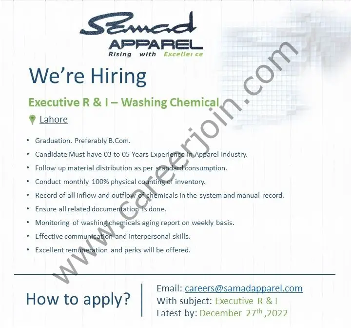 Samad Apparel Pvt Ltd Jobs Executive R&I Washing Chemical 1