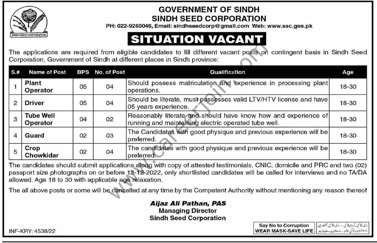 Sindh Seed Corp Govt of Sindh Jobs December 2022 1