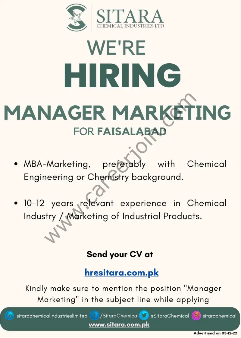 Sitara Chemical Industries Limited Jobs Manager Marketing 1