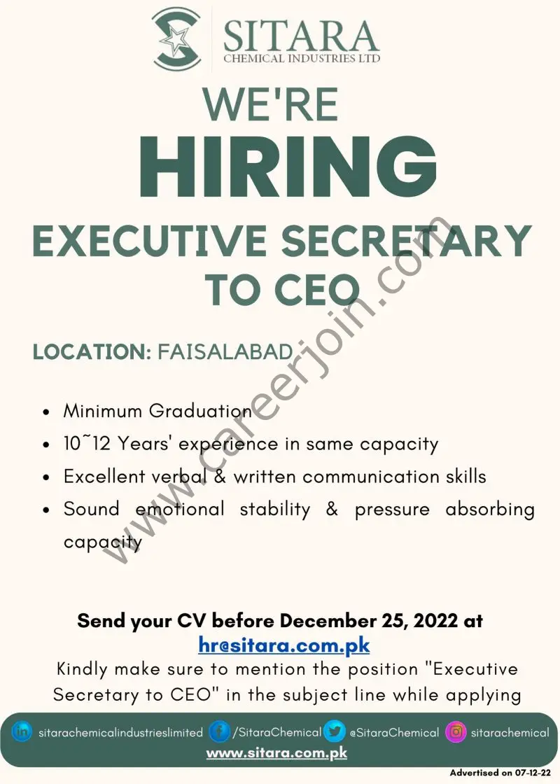 Sitara Chemical Industries Limited Jobs Executive Secretary to CEO 1
