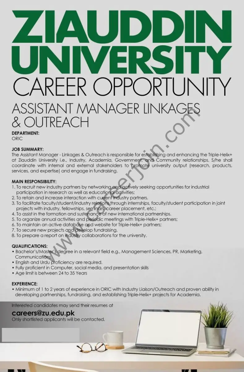 Ziauddin University Jobs Assistant Manager Linkages & Outreach 1