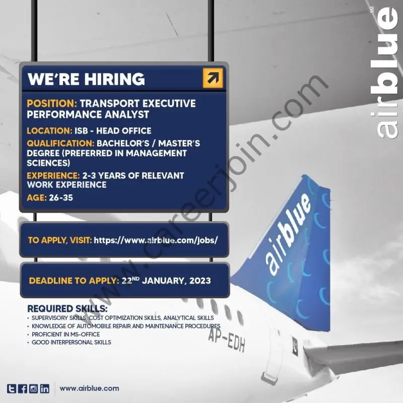 Airblue Pakistan Jobs Transport Executive Performance Analyst 1