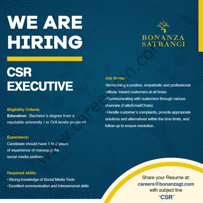 Bonanza Satrangi Jobs CSR Executive 1