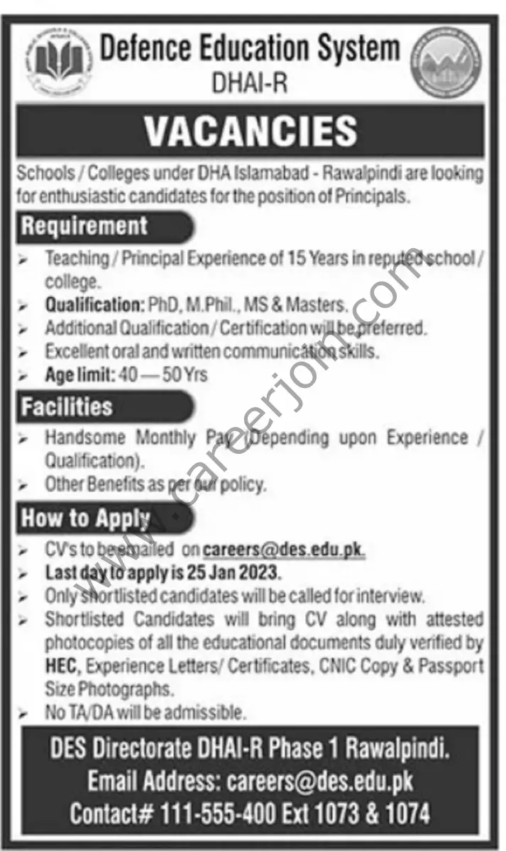 Defence Education System Islamabad Rawalpindi Jobs 15 January 2023 The News 1