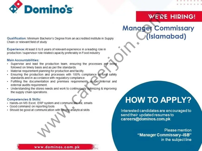 Domino's Pizza Pakistan Jobs Manager Commissary 1