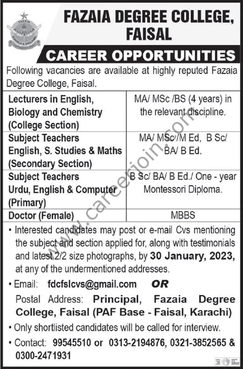 Fazaia Degree College Faisal Jobs 22 January 2023 Express Tribune 1
