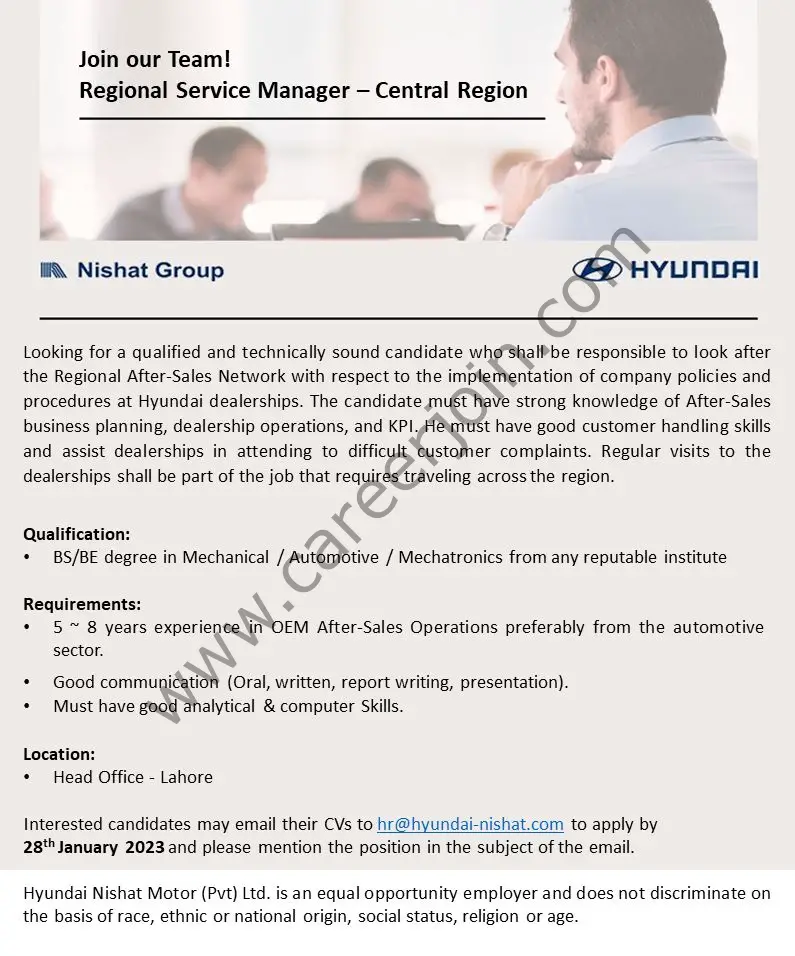 Hyundai Nishat Motor Pvt Ltd Jobs Regional Service Manager 1