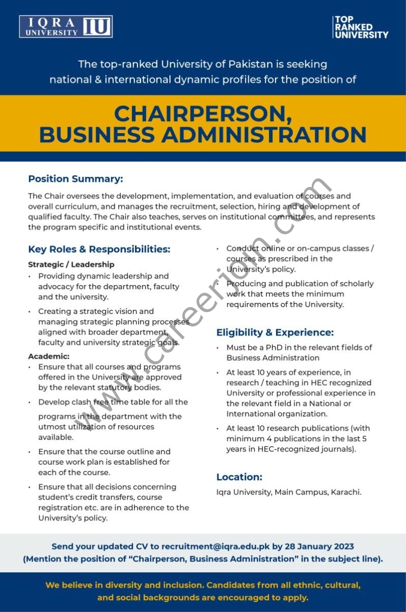 Iqra University IU Jobs Chairperson Business Administration 1