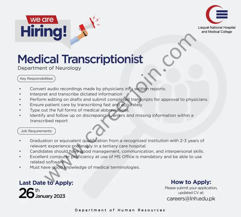 Liaquat National Hospital & Medical College Jobs Medical Transcriptionist 1
