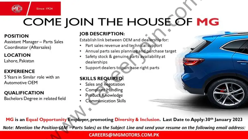MG Motor Pakistan Jobs Assistant Manager Parts Sales Coordinator 1