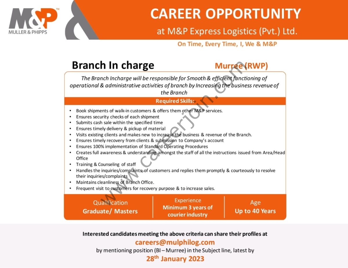 M&P Express Logistics Pvt Ltd Jobs Branch Incharge 1