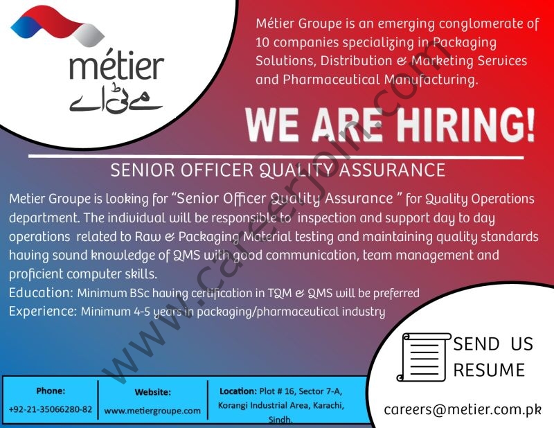 Metier Groupe Jobs Senior Officer Quality Assurance 1