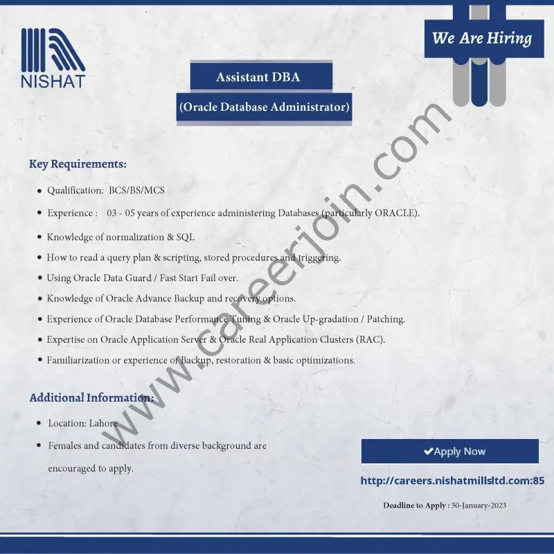 Nishat Mills Ltd Jobs Assistant DBA Oracle Database Administrator 1