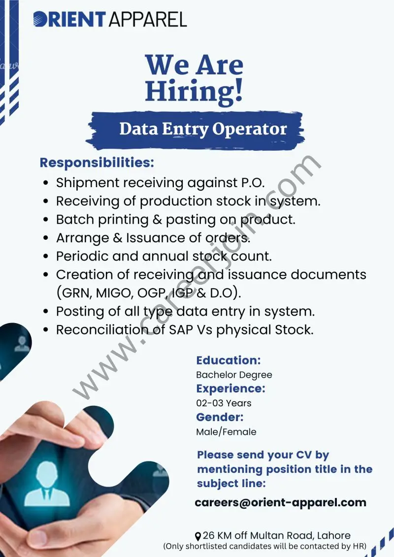 Orient Apparel Pvt Ltd Jobs Data Entry Operator 1