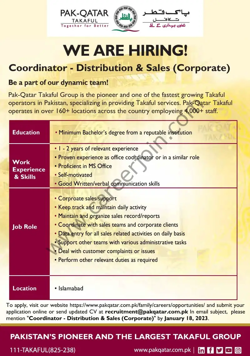 Pak Qatar Family Takaful Limited Jobs Coordinator Distribution & Sales 1
