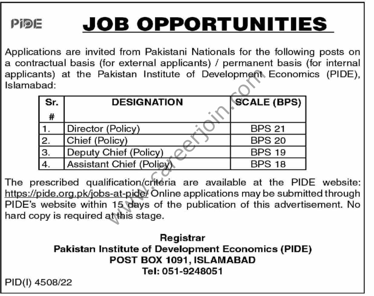 Pakistan Institute of Development Economics PIDE Jobs 22 January 2023 Dawn 1