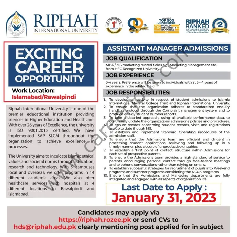Riphah International University Jobs Assistant Manager Admissions 1