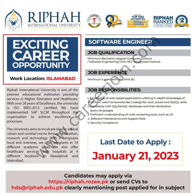 Riphah International University Jobs Software Engineer 1