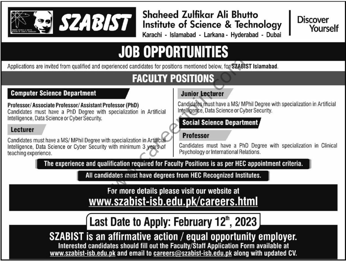 SZABIST Jobs 29 January 2023 Express Tribune 1