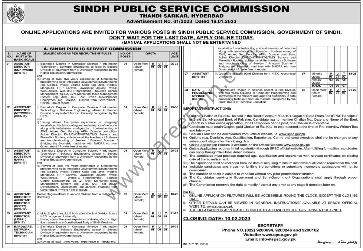 Sindh Public Service Commission SPSC Jobs January 2023 1