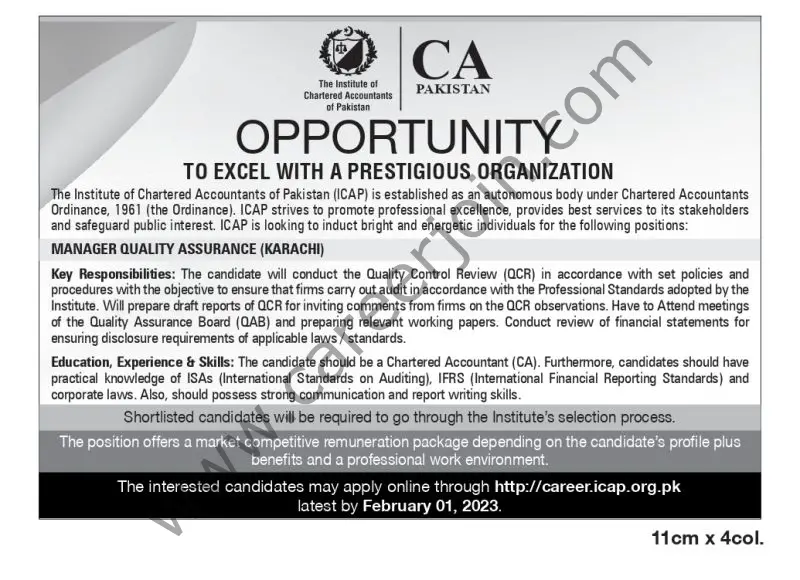 The Institute of Chartered Accountants of Pakistan Jobs Manager Quality Assurance 1