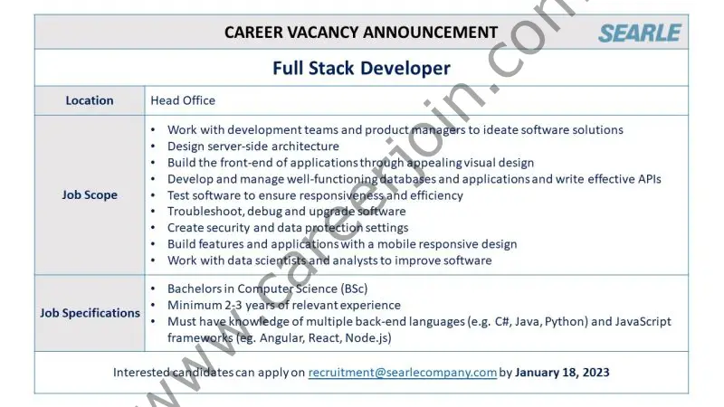 The SEARLE Company Pvt Ltd Jobs Full Stack Developer 1