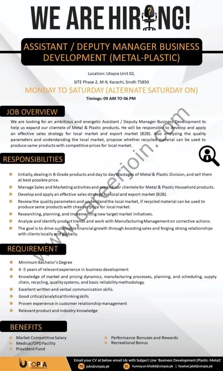 Utopia Industries Pvt Ltd Jobs Assistant / Deputy Manager Business Development 1