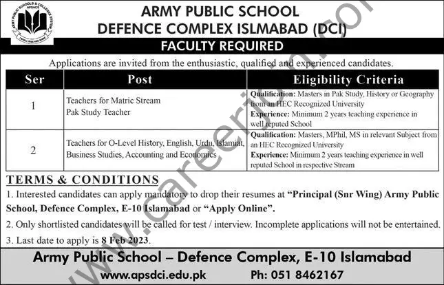 Army Public School Defence Complex Islamabad DCI Jobs February 2023 1