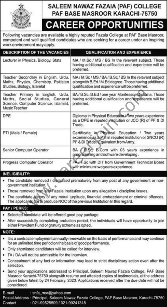 Fazaia College PAF Base Masroor Jobs 05 February 2023 Express 1