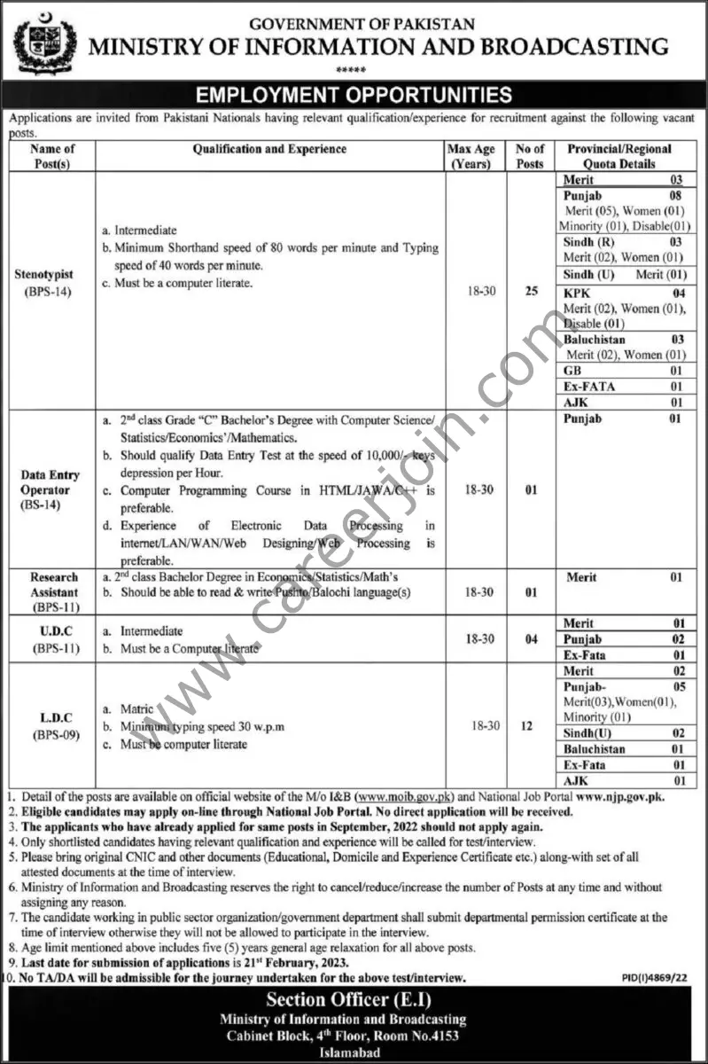 Ministry of Information & Broadcasting Jobs 07 February 2023 Express 01