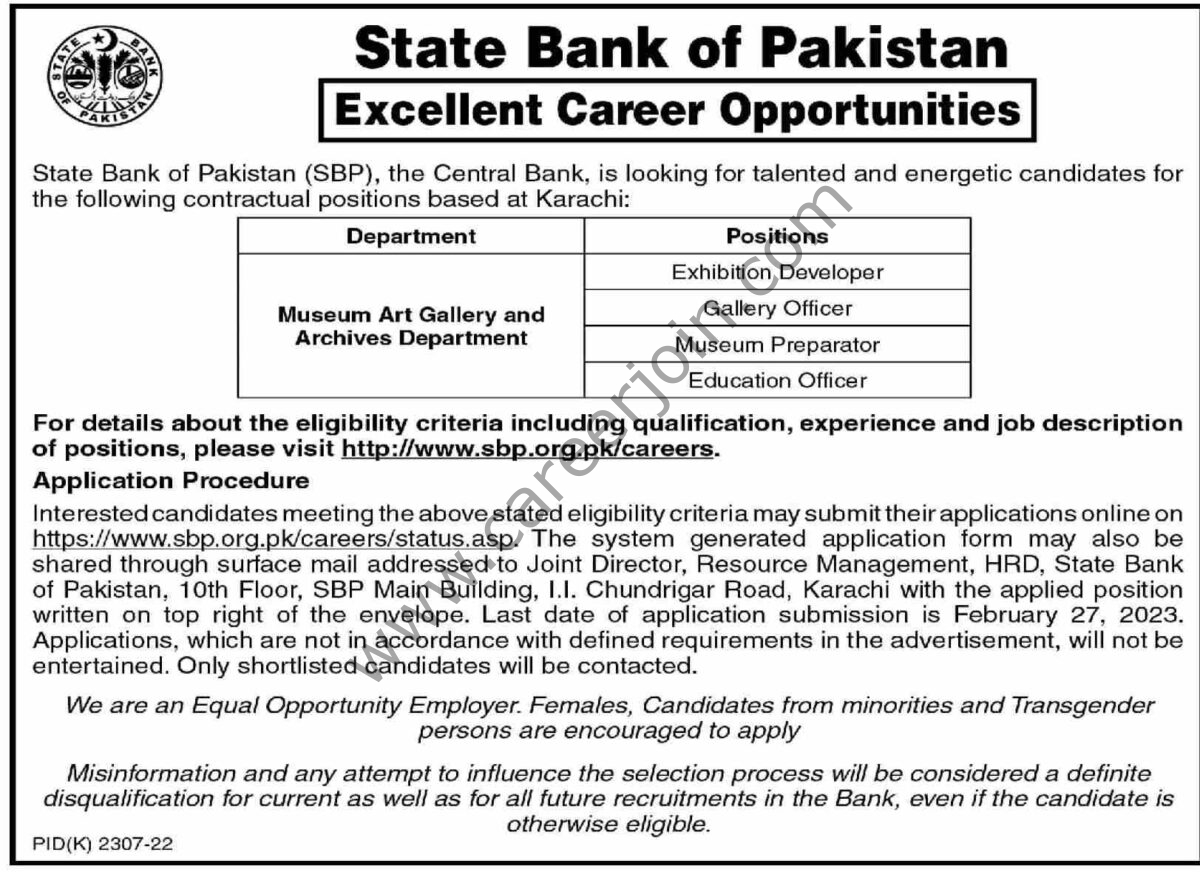 State Bank of Pakistan SBP Jobs 12 February 2023 Dawn 01