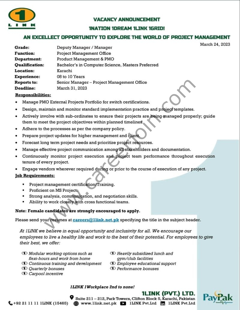 1Link Pvt Ltd Jobs Deputy Manager / Manager Project Management Office 1