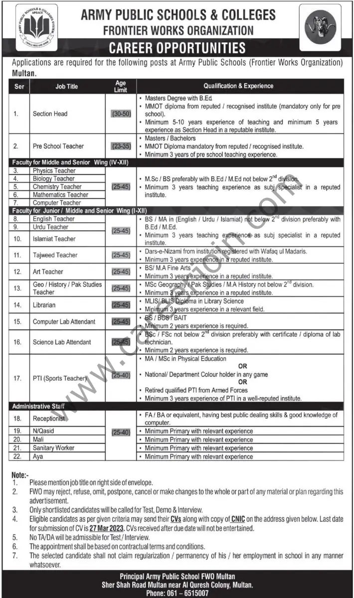 Army Public School & College Multan Jobs 12 March 2023 Express Tribune 1
