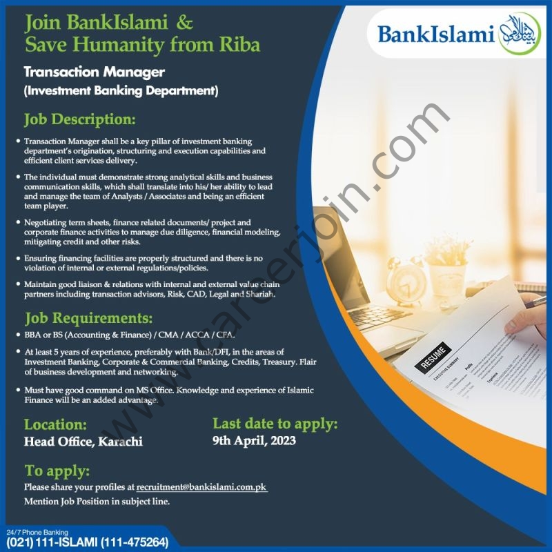 Bank Islami Pakistan Limited Jobs Transaction Manager 1