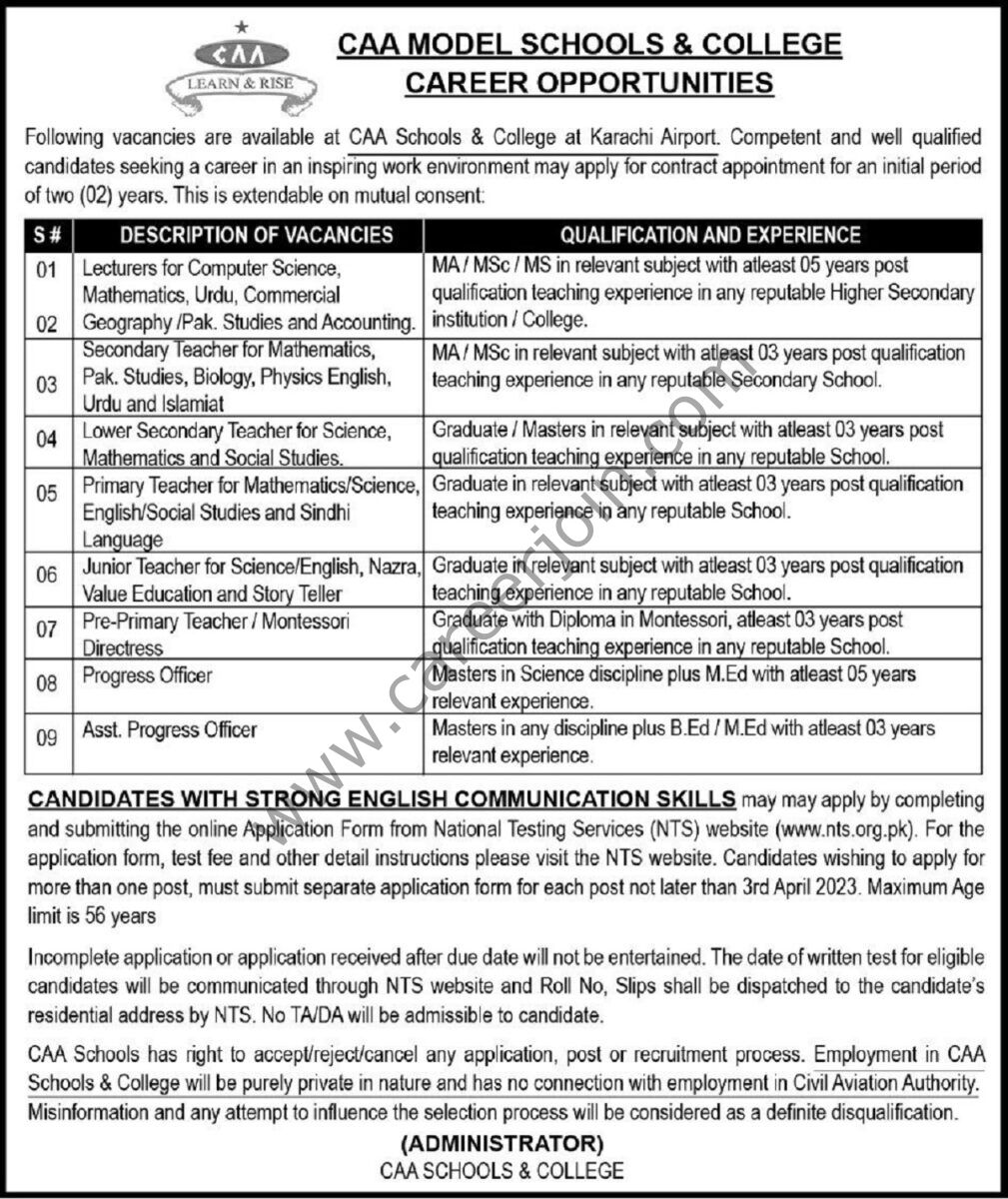 CAA Model Schools & College Jobs 19 March 2023 Express Tribune 1